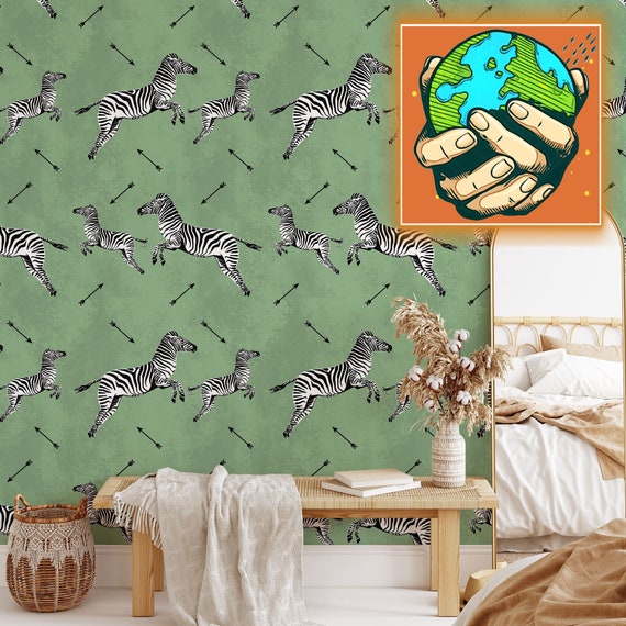 Green Flying Zebra Wallpaper, Zebras Wall Decor, Jumping Zebra Wallpaper