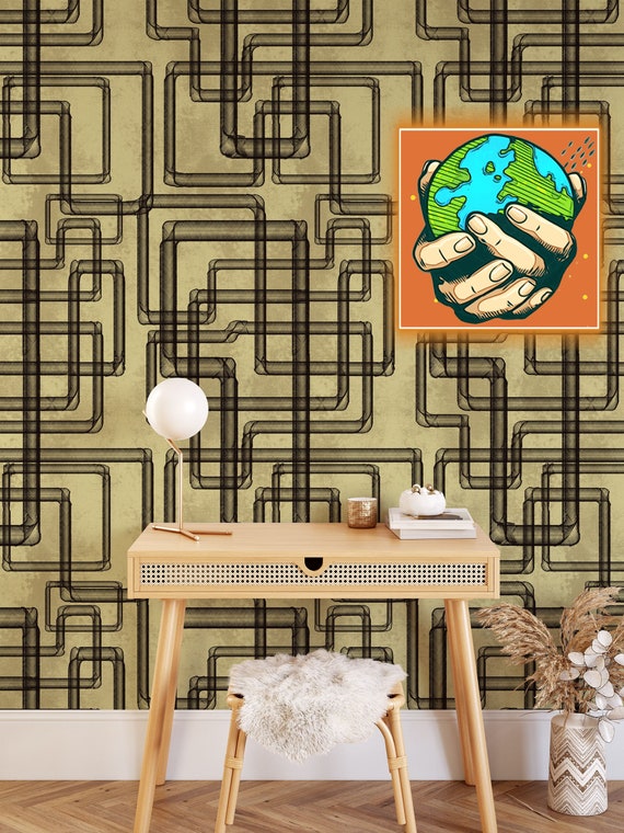 Art Deco Wallpaper, Earth Tone Retro Wall Decor, Grunge Wall Art