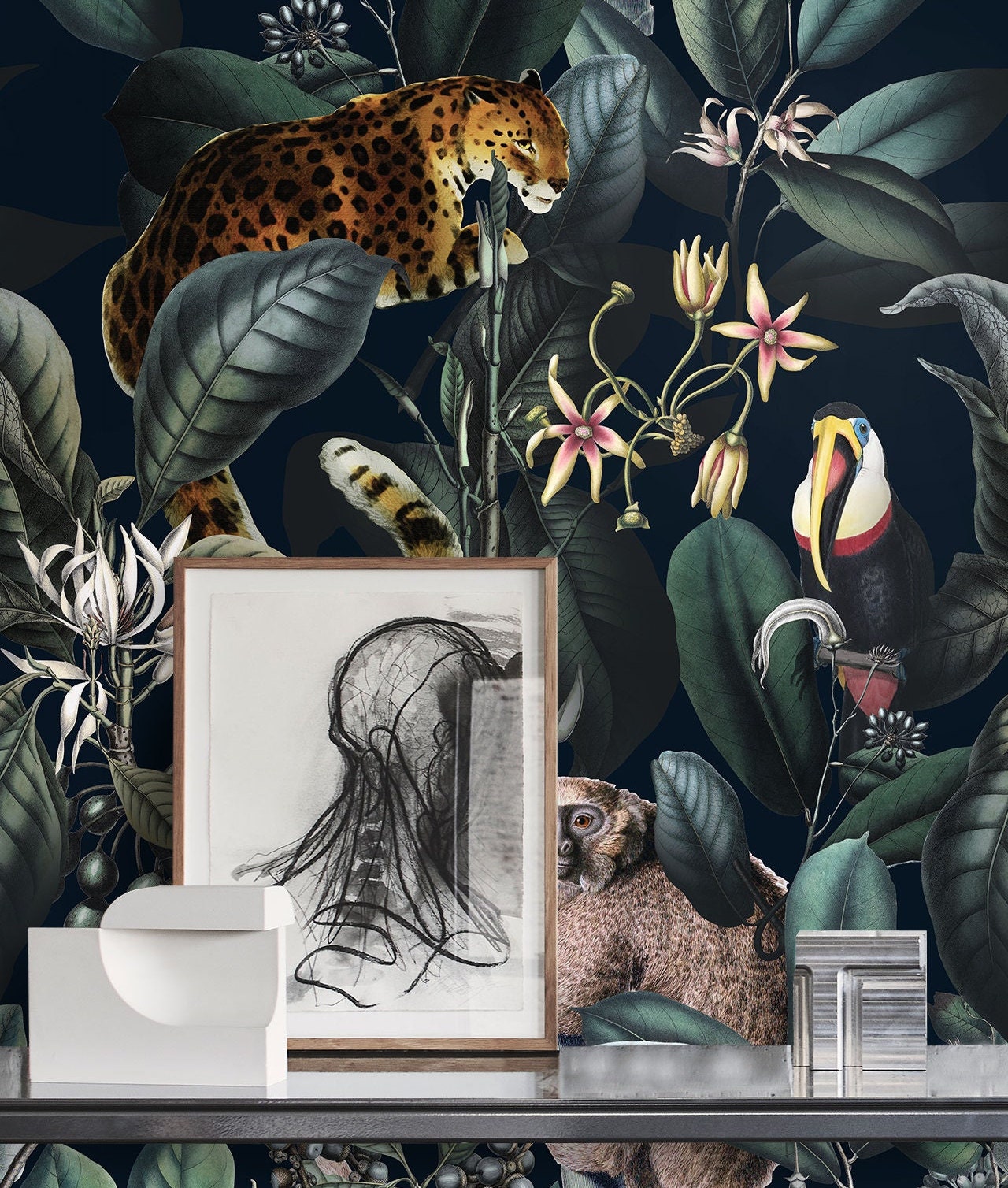 Dark Tropical Wild Jungle Wallpaper with Leopard Jaguar and Monkey