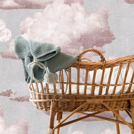 Dreamy Pink Clouds on Soft Grey Wallpaper - Perfect for a Little Girl's Room, Pink an Grey Nursery Aesthetic, Blush Pink Wall Decor