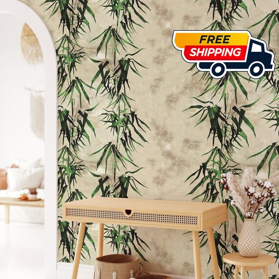 Chinoiserie Decor Bamboo Forest Beige Wallpaper, Japanese Tropical Bamboo Trees Green Wall Decor