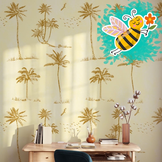 Art Deco Wallpaper with Palms and Birds - Beige and Yellow - Elegant Embroidered Design