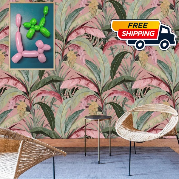 Banana Leaves Jungle Wallpaper, Tropical Rainforest Print Soft Pink Wall Decor, Banana Leaf Print Boho Chic Decor