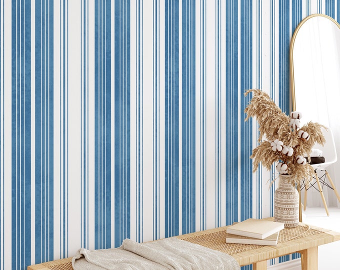 Blue and White Striped Wallpaper, Stripes Wallpaper, Stripe Wall Mural
