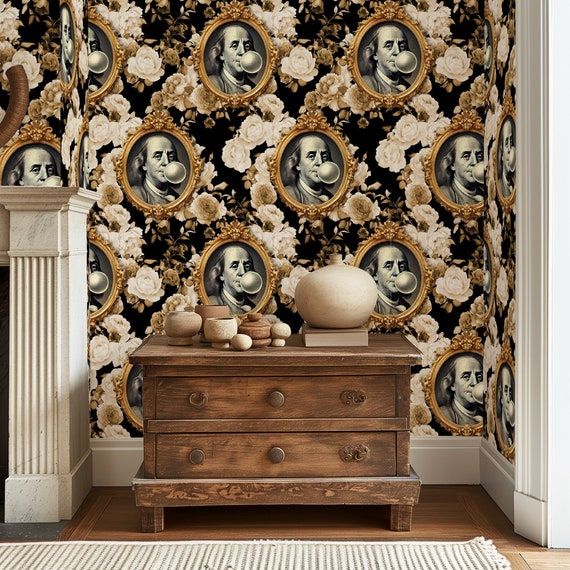 Benjamin Franklin Wallpaper with Brown Florals - Unique Historical Portraits Design, Perfect for Bold Home Decor
