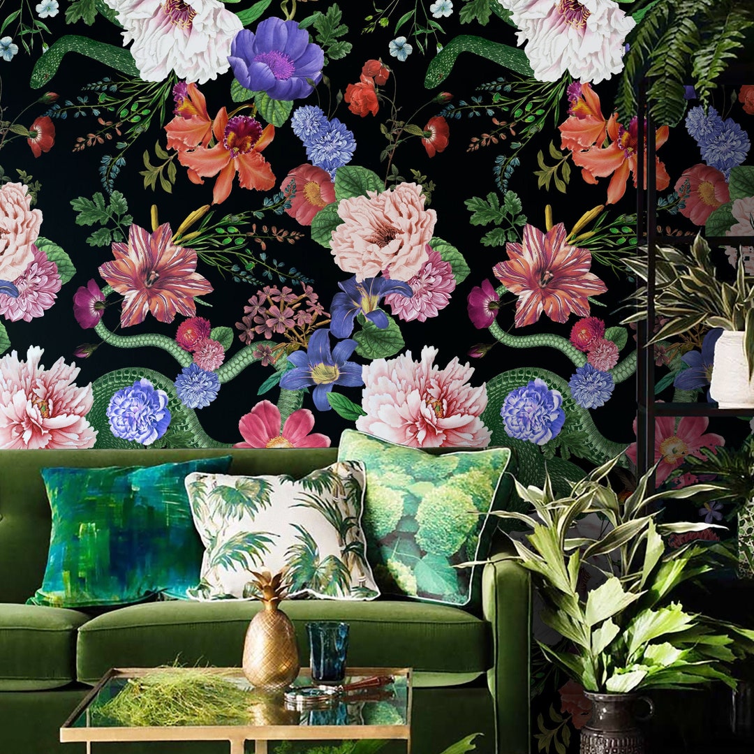 Dark Botanical Floral Wallpaper, Night Life Secret Garden Wall Art ...