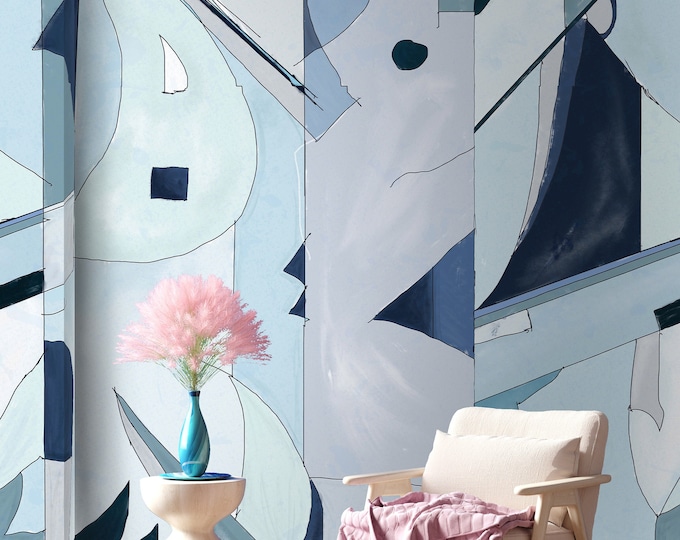 Extra Large Blue Watercolor Wallpaper, Abstract Gradient Wall Art, Blue Aquarelle Wall decor