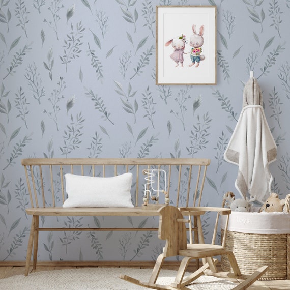 Blue and Grey Leaf Wallpaper, Calm Foliage Botanical Wall Decoration, Nursery Decor Light Blue Wall Covering