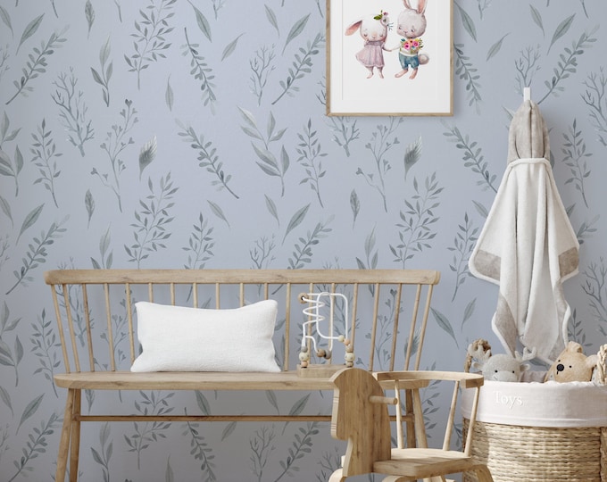 Blue and Grey Leaf Wallpaper, Calm Foliage Botanical Wall Decoration, Nursery Decor Light Blue Wall Covering