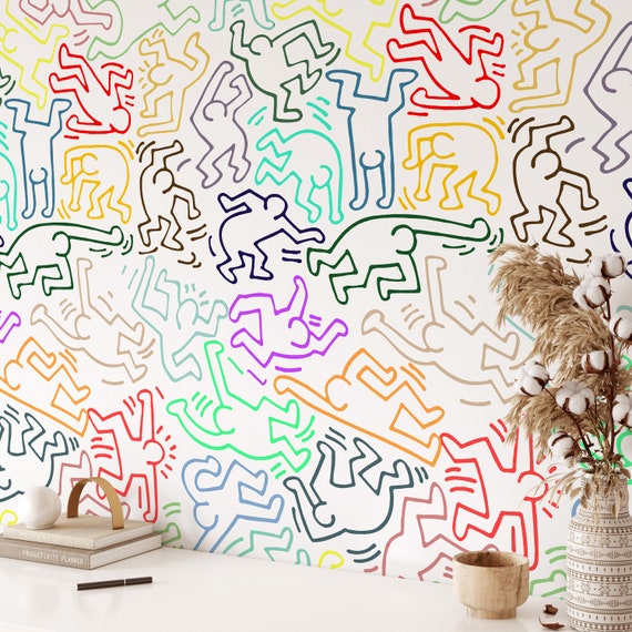 Pop Art Artistic Wallpaper, Modern Wall Covering for Minimalist Decor, Stick Figures Lines wall art