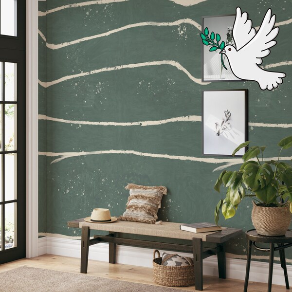 Peinture abstraite Coup de pinceau vert Papier peint amovible, Extra Large Wall Art Aquarelle Décoration murale moderne