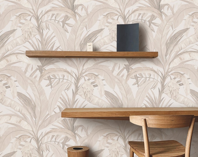 Neutral Tones Jungle Wallpaper, Boho Chic Wall Art, Aesthetic Tropical Leaves in Light Nuances Wall Decore