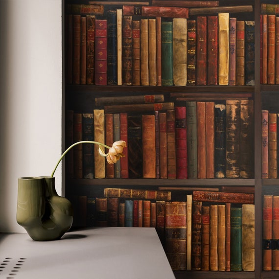 Vintage Library Wallpaper, Antique Books Wallpaper on Vintage Shelf, Exclusive Bookshelf Design by WALLPAPERS4BEGINNERS