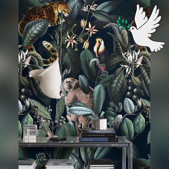 Dark Tropical Wild Jungle Wallpaper with Leopard Jaguar and Monkey, Rainforest Animal Night Forest Temporary Wall Art