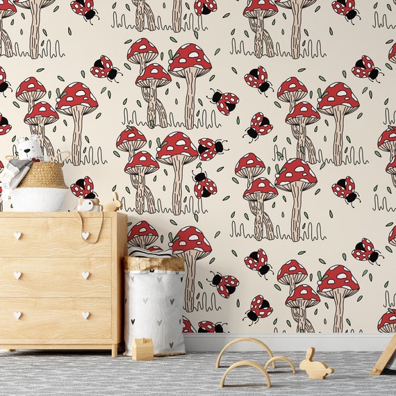 Ladybug Wallpaper with Mushroom Decor for Kids Room