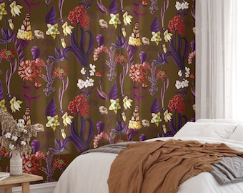 Retro 70s Floral Wallpaper - Brown Flowers Wall Decor, Vintage Seventies Aesthetic Wall Art for Home & Office