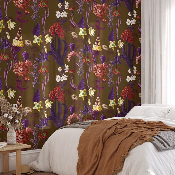 Retro 70s Floral Wallpaper - Brown Flowers Wall Decor, Vintage Seventies Aesthetic Wall Art for Home & Office
