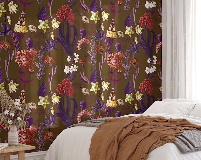 Retro 70s Floral Wallpaper - Brown Flowers Wall Decor, Vintage Seventies Aesthetic Wall Art for Home & Office