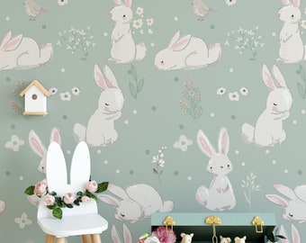Watercolor Rabbits Nursery Wallpaper, Kids Room Decor with Rabbit