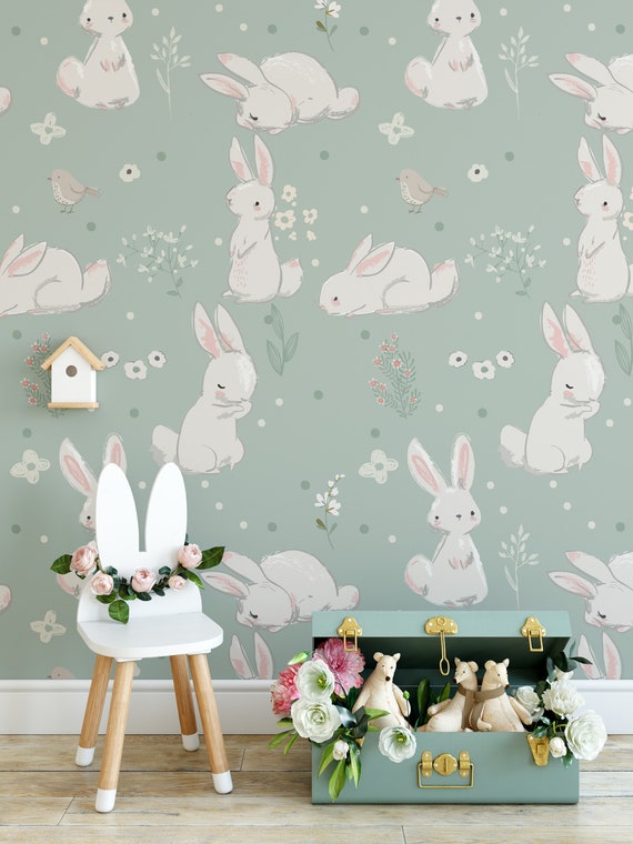 Watercolor Rabbits Nursery Wallpaper, Kids Room Decor with Rabbit