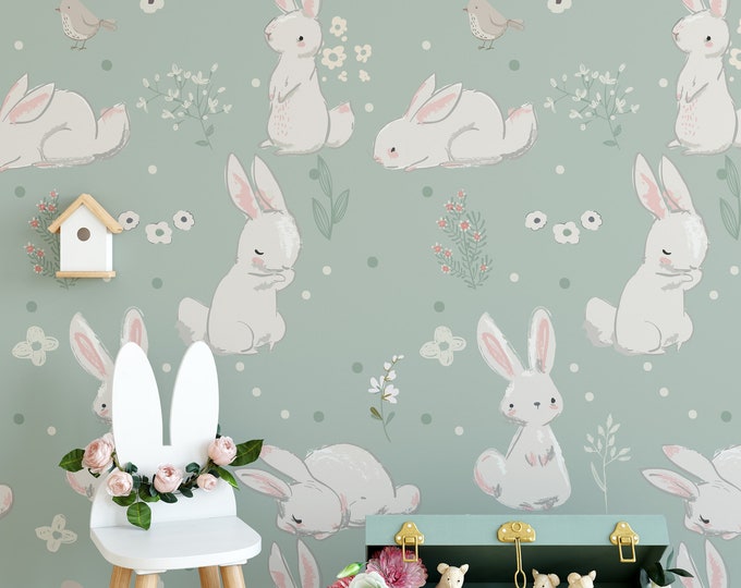 Watercolor Rabbits Nursery Wallpaper, Kids Room Decor with Rabbit