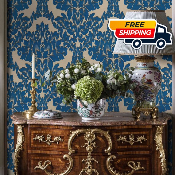 Blue Victorian Baroque Damask Wallpaper, Vintage Style retro design for Living Room Decor