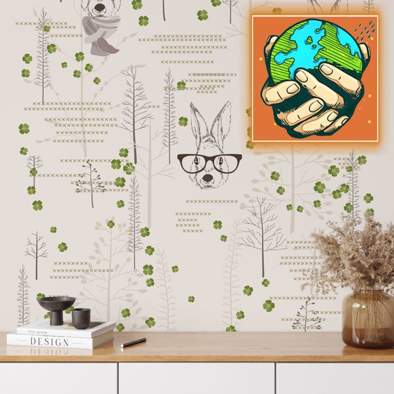 Boho Rabbits Nursery Wallpaper with Trees, Kids Room Decor with Rabbit