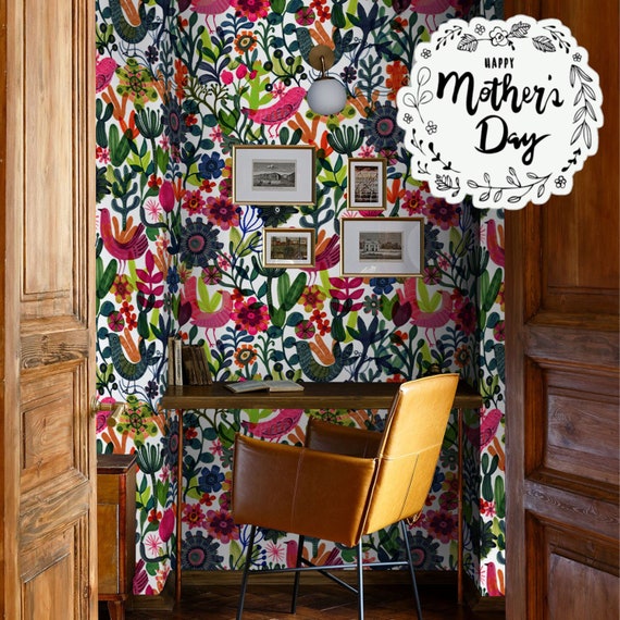 Scandinavian Folk Art Wallpaper: Vibrant Floral & Bird Decor for Eclectic Home Office, Funky Botanical Wall Art