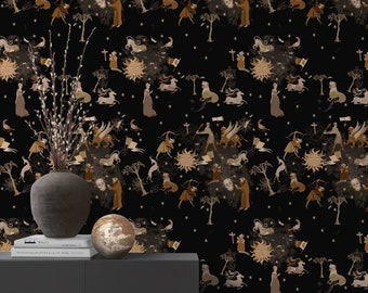 Middle Ages Dragons Wall Art with ladies and knights, Medieval mythical animals Wallpaper, Romanesque Wall Decor