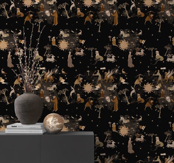 Middle Ages Dragons Wall Art with ladies and knights, Medieval mythical animals Wallpaper, Romanesque Wall Decor