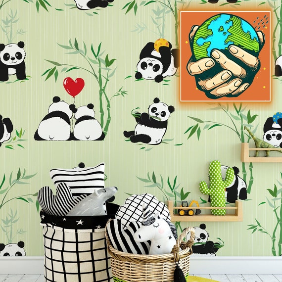 Kids Room Wallpaper with Cute Pandas and Bamboo Trees, Panda Wall Art