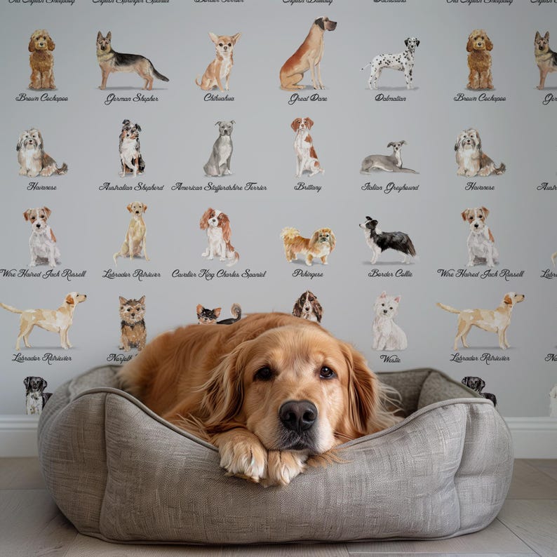 May include: A golden retriever dog laying in a light brown dog bed with a gray patterned background featuring illustrations of different dog breeds.