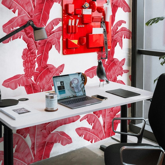 Tropical Palm Leaf Wallpaper in Red and White, Banana Leaves Decor Accent Feature Wall