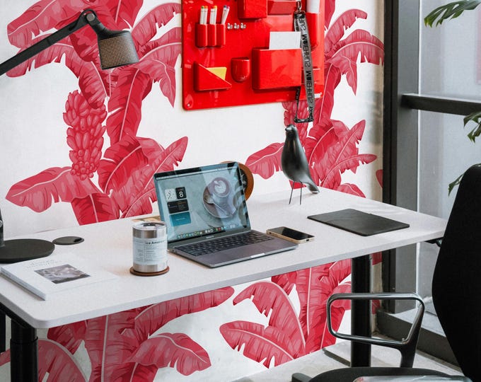 Red Tropical Palm Leaf Wallpaper, Banana Leaves Decor, Red and White Botanical Wall Art