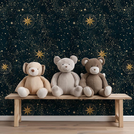 Gold Night Sky Wallpaper | Dark Celestial Design for a Stunning Home Decor | Removable & Easy to Apply