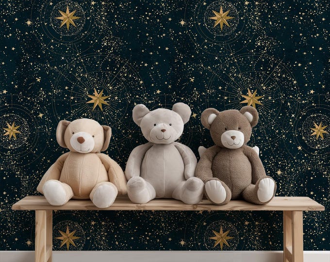 Gold Night Sky Wallpaper | Dark Celestial Design for a Stunning Home Decor | Removable & Easy to Apply