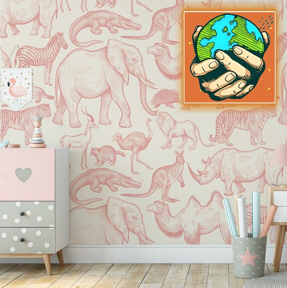 Wild Animals Pink Wallpaper, Lion Elephant Giraffe Watercolor animal Nursery Wall Decor