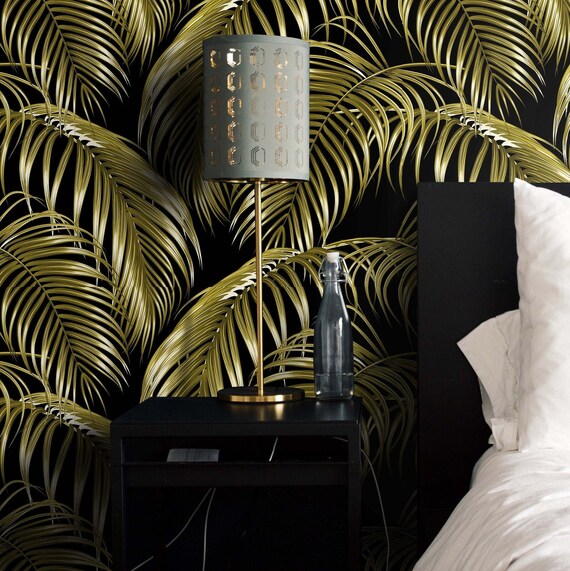 Black and Gold Tropical Leaves Wallpaper, Beach House Decor Jungle Wall Art