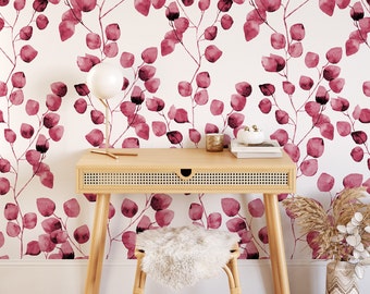 Leaf Eucalyptus Wallpaper: Pink Boho Watercolor Temporary Wall Decor for Kids' Rooms & Nursery, Little Leaf Design