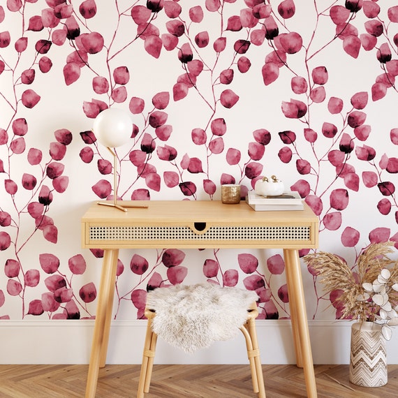 Leaf Eucalyptus Wallpaper: Pink Boho Watercolor Temporary Wall Decor for Kids' Rooms & Nursery, Little Leaf Design