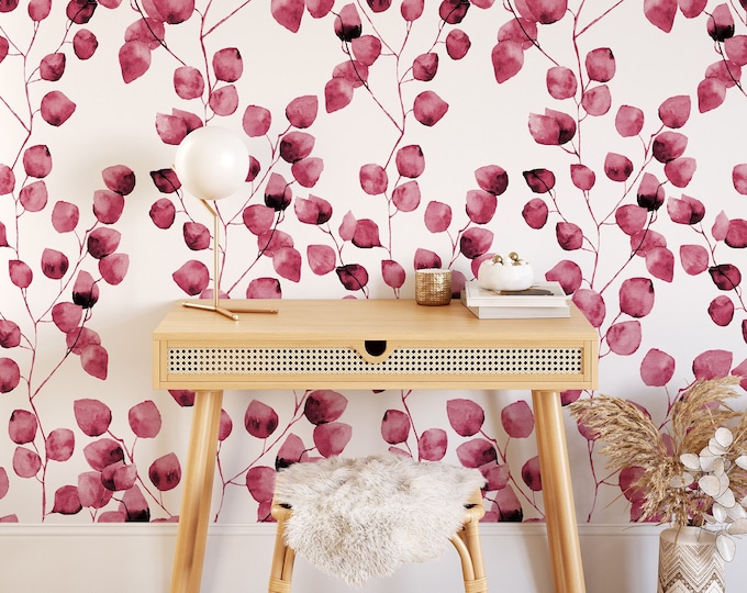 Leaf Eucalyptus Wallpaper: Pink Boho Watercolor Temporary Wall Decor for Kids' Rooms & Nursery, Little Leaf Design