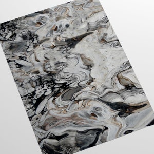 May include: Abstract painting with swirling patterns in shades of black, white, and brown. The paint appears to be layered and textured, creating a dynamic and organic effect.