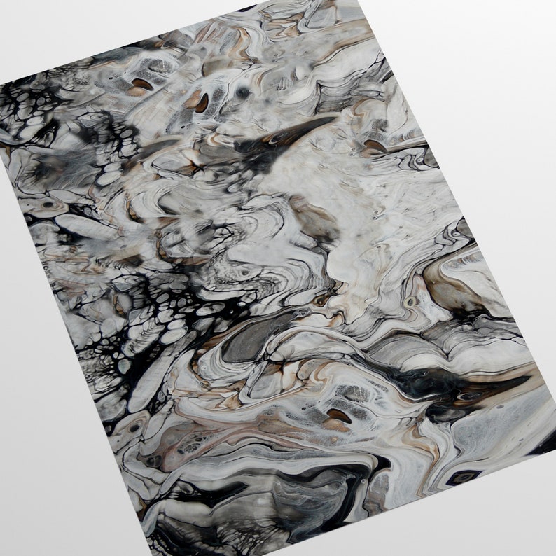 May include: Abstract painting with swirling patterns in shades of black, white, and brown. The paint appears to be layered and textured, creating a dynamic and organic effect.