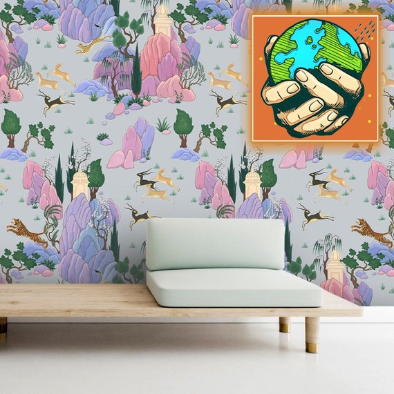 Boho Tiger Hunting Scene Indian Wallpaper, Pink jungle wilds animals, Persian Wall Decor