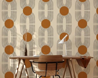 Light Beige Art Deco Wallpaper, Earth Tone Retro Wall Decor, Grunge Wall Art