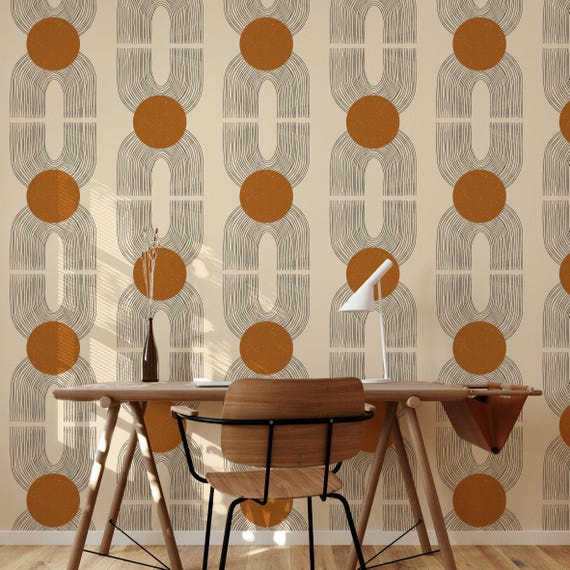 Light Beige Art Deco Wallpaper, Earth Tone Retro Wall Decor, Grunge Wall Art