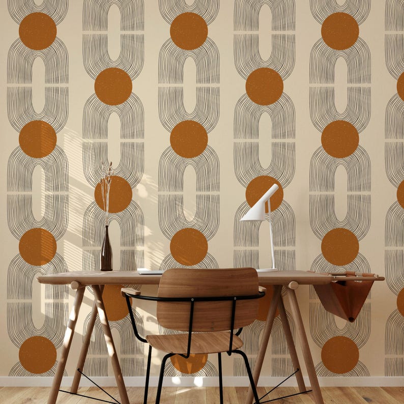 Art Deco Geometric Wallpaper, Masculine Earth Tone Mid Century Bedroom Decor, Beige Retro Vintage Wallpaper image 2