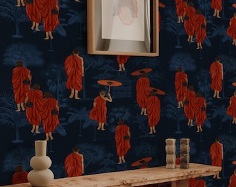Buddhist Monk Wallpaper, Dark Blue Asian Wallpaper with Monks in Saffron Robes for Zen Room Decor