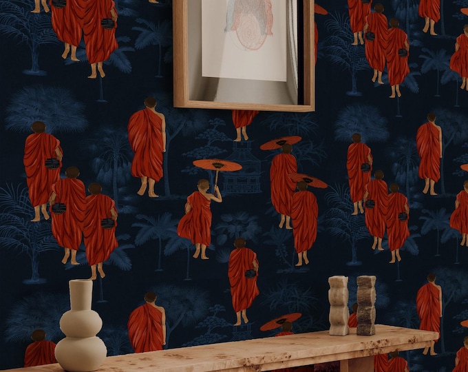 Buddhist Monk Wallpaper, Dark Blue Asian Wallpaper with Monks in Saffron Robes for Zen Room Decor