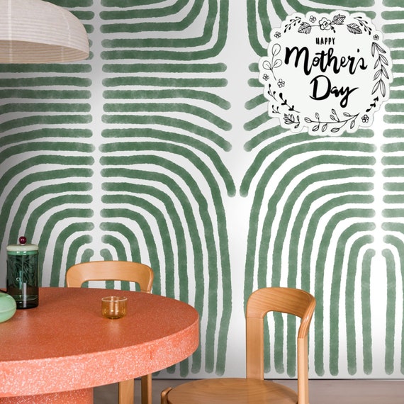 Green and White Boho Wallpaper, Minimal Abstract Artistic Wall Decor